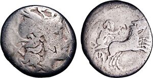 M. Porcius Laeca AR Denarius. Rome, 125 BC. Helmeted Quadriga Roman Republic