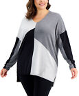 INC Women's Print V-Neck Step-Hem Sweater (Grey Combo, Small)