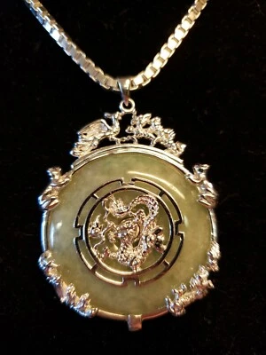 Sterling silver necklace with jadeite pendant 18" (58.6g/.925)RK-12 Foto 1 de 4