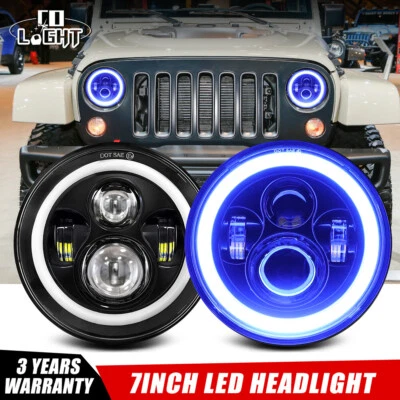 Par de faros LED redondos de 7 pulgadas azul/ámbar halo para Jeep Wrangler JK LJ CJ TJ Foto 1 de 4