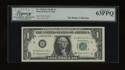 DBR 1963-B $1 FRN New York Barr Fr. 1902-B Legacy 63 PPQ Serial B96624678G - Image 1 of 2
