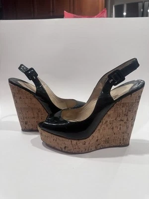 Christian Louboutin Black Patent Leather UNE PLUME SLING 120 Wedge Platform 37.5 - Image 1 of 4