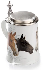 Bierkrug Pferde mit Zinndeckel, Porzellankrug, Pferdekrug - Gravurfähig - Bild 1 von 3