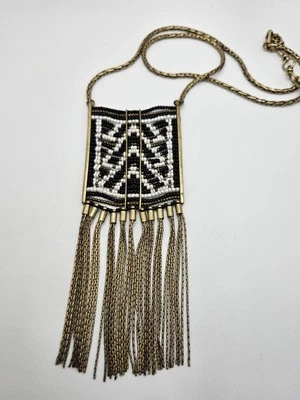 Lucky Brand Black & White Beaded Fringe Chest Plate Gold Tone Long Necklace  - Image 1 of 4