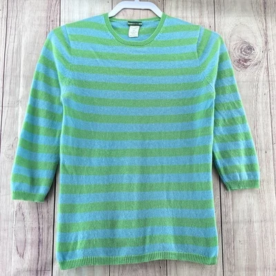 J. Экипаж 100% кашемир Crewneck свитер 3/4 рукав зеленые полоски Sz M тихий роскошь - Изображение 1 из 4