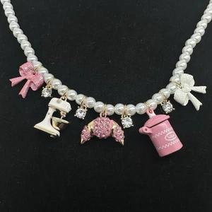 Betsey Johnson Faux Pearl Baking Themed Necklace With Rhinestones Pink Charms - Picture 1 of 10