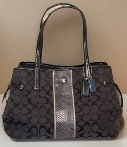 Coach Python Stripe Tote Carryall Bag Shoulder Handbag Satchel Blue Accent EUC - Picture 1 of 10
