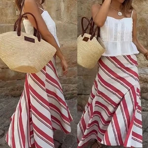 ZARA ZW POPLIN COTTON STRIPED ASYMMETRIC SKIRT HIGH WAIST FLARED MIDI MAXI LONG - Picture 1 of 24