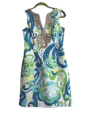 Lilly Pulitzer Janice Shift Dress White Crystal Coast Gold Embellishment SZ 2 - Image 1 of 4