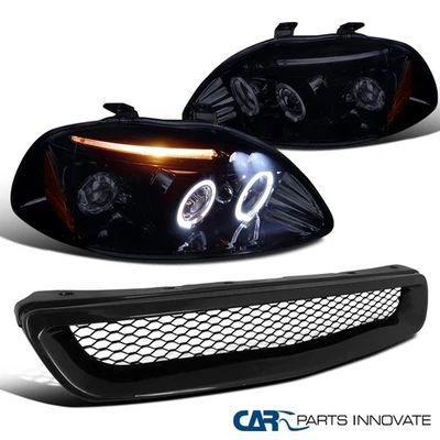 Fit 96-98 Honda Civic Black Halo LED Projector Headlights+Front Mesh Hood Grille - Image 1 of 4