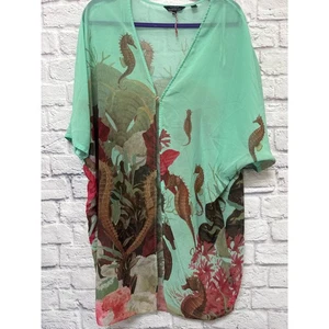 Ted Baker London Turquoise Chiffon Seahorse Starfish Tropical Kimono Cover Up LG - Picture 1 of 5
