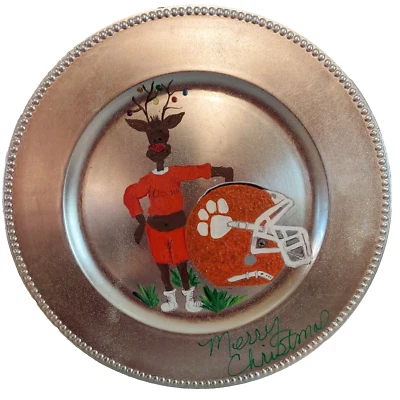 Clemson Feliz Navidad Reno con Casco Clemson 12 1/2" Plato Artesanal Casero Foto 1 de 4