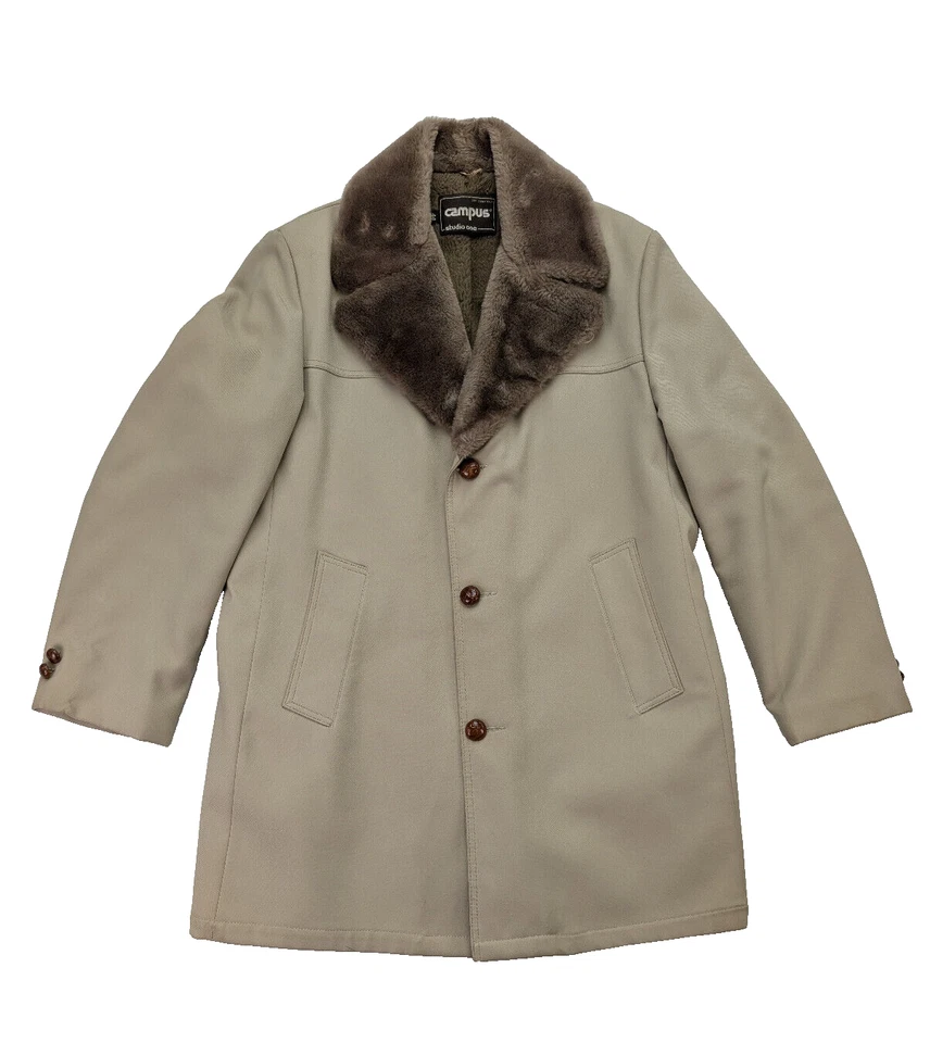 Vintage 60s 70s Men's Winter Coat Campus Studio One Faux Fur Lined Size 44 - Image 1 of 4