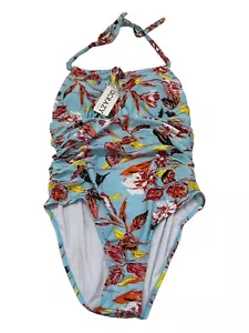 Womens M One Piece Swimsuit Swimwear High V Neck Bathing Suit Floral Blue - Picture 1 of 4