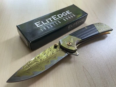 8" Gold Heavy Titanium Damascus Etched Stainless Steel Spring Assisted Knife - Image 1 of 4