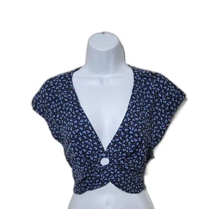 Free People Womens L Havana Honey Crop Top Blue Heart Print Linen Short Sleeve - Picture 1 of 12