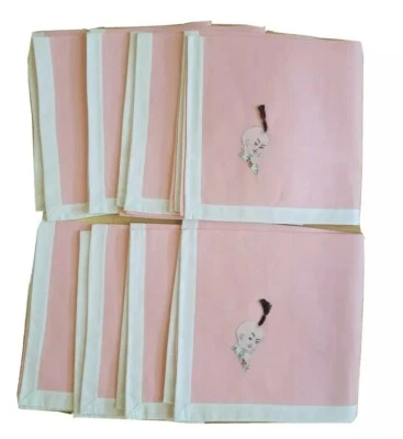 Set of 8 Pink Fabric Napkins 100% Cotton ,White Trim 16"×16" Appliqued RARE New  - Image 1 of 4