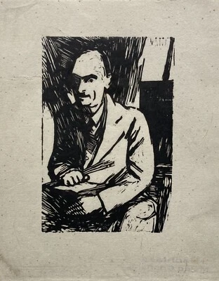 Holzschnitt Expressionist Mateo Cristiani Selbstporträt mit Pinseln im Atelier - Bild 1 von 3