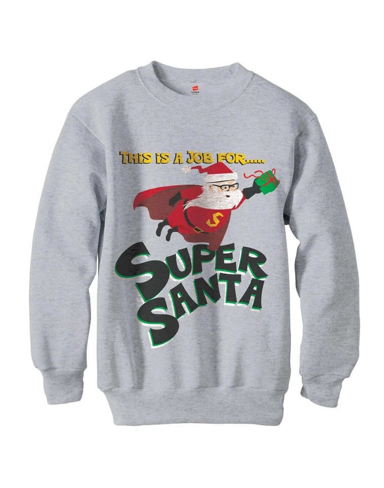 Sudadera fea de vacaciones Hanes "This Is a Job For... Super Santa" para niños, gris nueva con etiquetas Foto 1 de 1