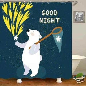 Fabric Shower Curtain Carton Bear and Stars Bathroom Decor Waterproof with Hooks - Picture 1 of 6