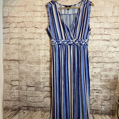 Ronni Nicole 长裙女式大号蓝色条纹全长弹力无袖 — 第 1/4 张图片