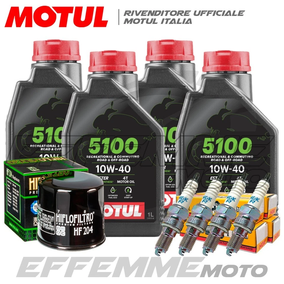 MOTUL + HIFLO + NGK Tagliando HONDA Hornet 600 2003 2004 2005 2006 (4 5100 10W40 + Filtro + Candele)