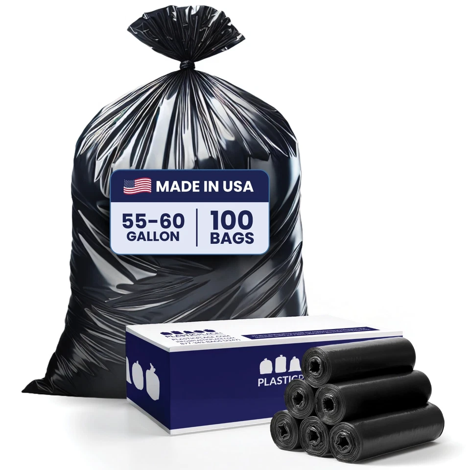 Plasticplace 55-60 Gallon Trash Bags, 1.5 Mil - Black, Case of 100 Garbage Bags