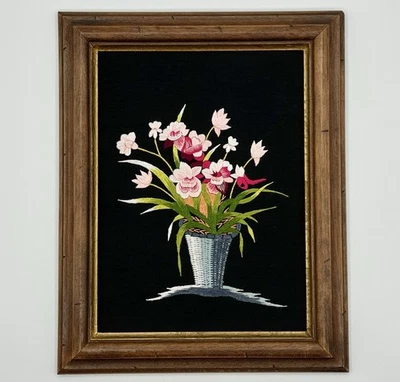 VTG Framed FLORAL Embroidered Needlework Wall Art•BOUQUET•Pink Flowers in Basket - Image 1 of 4