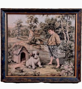 Französischer Vintage Wandteppich gerahmt Hund Junge Hundehütte Landhaus Kern Kunst Stoff Geschenk - Bild 1 von 10