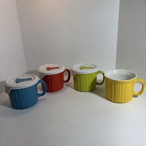 Corning Wear Colours Set of 4 Soup Mugs & 3 Lids 20oz Red Blue Green Yellow J0 - Picture 1 of 23