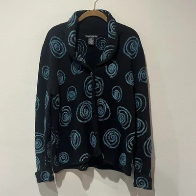 Cárdigan Sarah Spencer para mujer XL arte geométrico lana de cordero suéter negro azul Foto 1 de 4