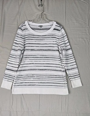 Suéter T By Talbots Mujer Grande Gris Tejido Algodón Rayas Pullover Manga Larga Foto 1 de 4
