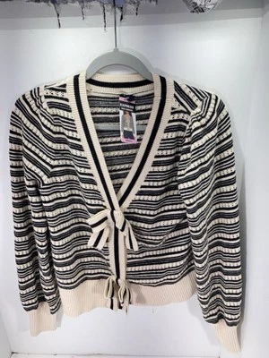 Cárdigan Suéter Express Bow Mujer Talla Pequeña Negro Beige Rayas Manga Larga Nuevo con Etiquetas Foto 1 de 4