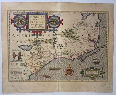 FLORIDA CAROLINA VIRGINIA 1623 GERARD MERCATOR/JODOCUS HONDIUS LARGE ANTIQUE MAP - Image 1 of 4