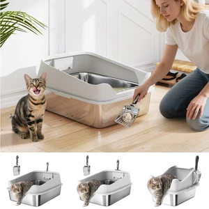 Caja de arena para gatos de acero inoxidable con lados altos, cuchara - Imagen 1 de 34