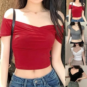 Women Off Shoulder Short Sleeve T Shirt Summer Casual Tops Vintage Style - Picture 1 of 44