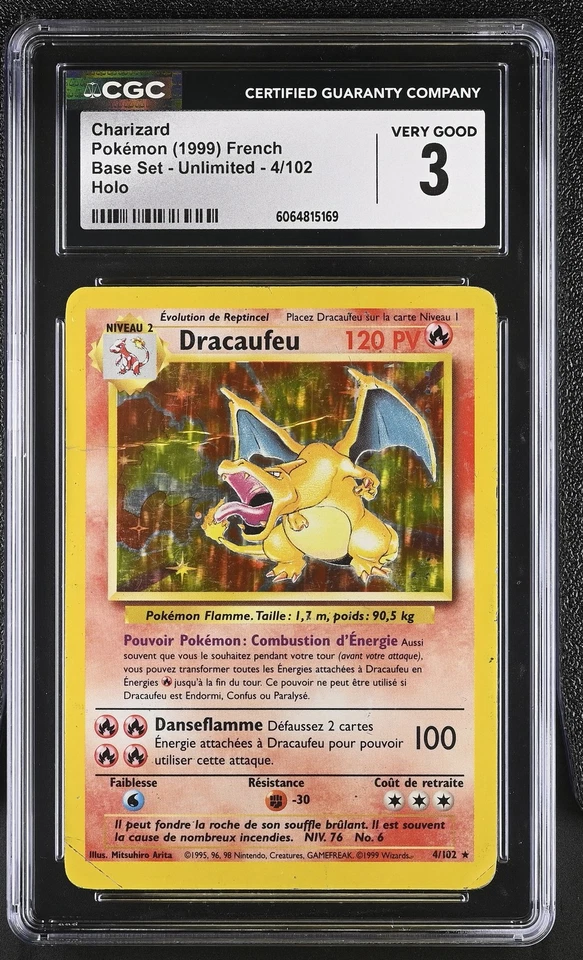 CGC 3 French Charizard 1999 Base Set 4/102 Holo Pokemon Card - Image 1 of 2
