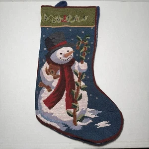 Gobelin Weihnachtsstrumpf Schneemann Teddybär Stechpalme blau grün Schneemann gebraucht - Bild 1 von 2