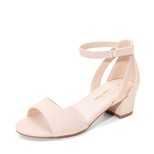 Girls Sandals Low Chunky Block Heel Ankle Strap Open Toe Party Dress Shoes - Picture 1 of 32
