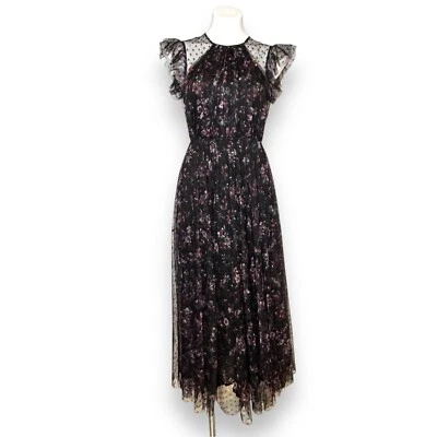 JILL STUART 波尔卡圆点薄纱连衣裙 2 百褶飘袖 Femke Midi XS(495 美元) — 第 1/4 张图片