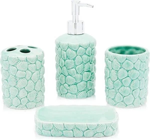 Outpost Green Seashell Ceramic Bathroom Accessories Set 4 Pieces - Picture 1 of 5