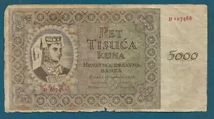 Croatia (NDH) WW2 banknotes, KUPREŠANKA 5000 Kuna 1943. Original banknotes ! - Picture 1 of 2