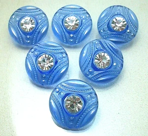 SET OF 6 (SIX) BLUE CZECH GLASS BUTTONS WITH RHINESTONE 9/10" 23 mm  - Picture 1 of 4
