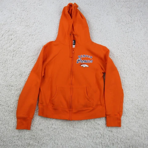 Denver Broncos Sweater Womens Medium Orange Hoodie Hooded Full Zip Pockets Cover
