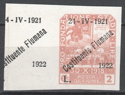 FIUME Italia CROACIA 1921 - 2 Liras COSTITUENTE imperf. PRUEBA variedad MI. 139 NG Foto 1 de 2