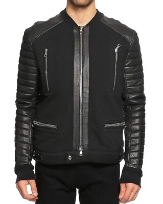 Jaqueta de motociclista Balmain masculina de algodão e couro preta tamanho G US$ 3245 com zíper frontal - Imagem 1 de 4
