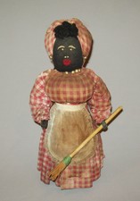 Great old vtg 1940s Hand Made Folk Art Black Cloth Bottle Doll W/ Broom nice