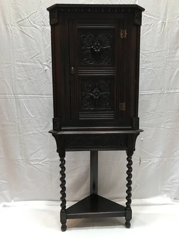 antique English carved dark stain oak corner cabinet barley twist legs base Cover