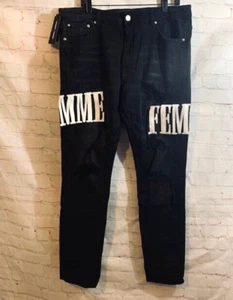 Homme Femme Men's Black Denim Distressed Spellout Logo Jeans - Size 38x32  NWT - Picture 1 of 8