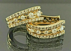 14K Yellow Gold Plated 1Ct Round Simulated Diamond 3-Row Hoop Huggie Earrings - Picture 1 of 4